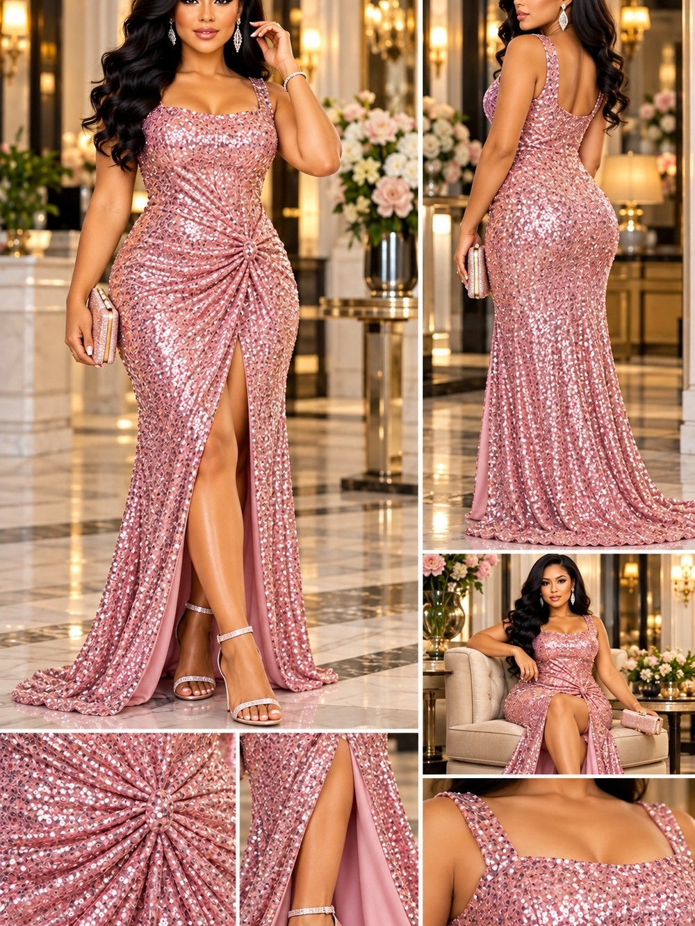 Mac Duggal Rose Gold Sequin Ruched Split Gown